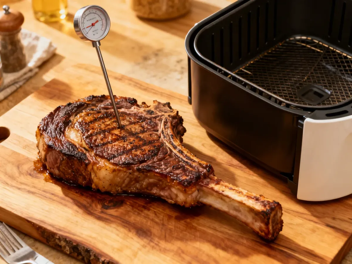 Ribeye steak resting beside an air fryer with a meat thermometer