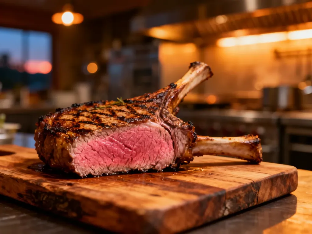 Soczysty stek ribeye w stopniu medium-rare na drewnianej desce, prezentujący idealny przekrój mięsa.