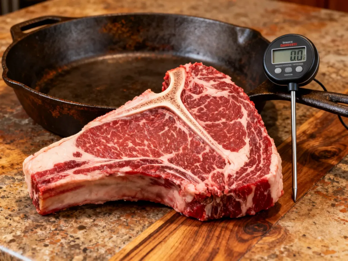 Surowy stek T-bone z termometrem do mięsa i żeliwną patelnią