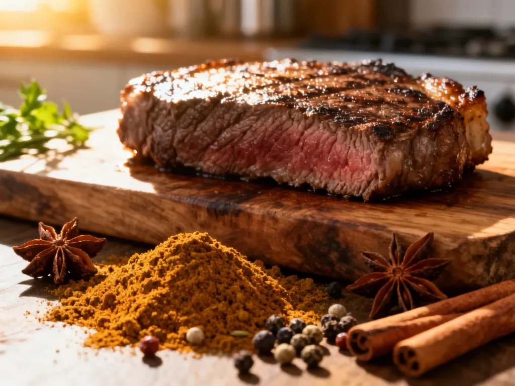 Soczysty stek wołowy na drewnianej desce w otoczeniu aromatycznych przypraw garam masala.