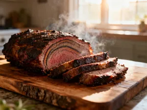 Soczysty stek ribeye z wyraźnymi śladami grillowania spoczywający na drewnianej desce w blasku zachodzącego słońca.