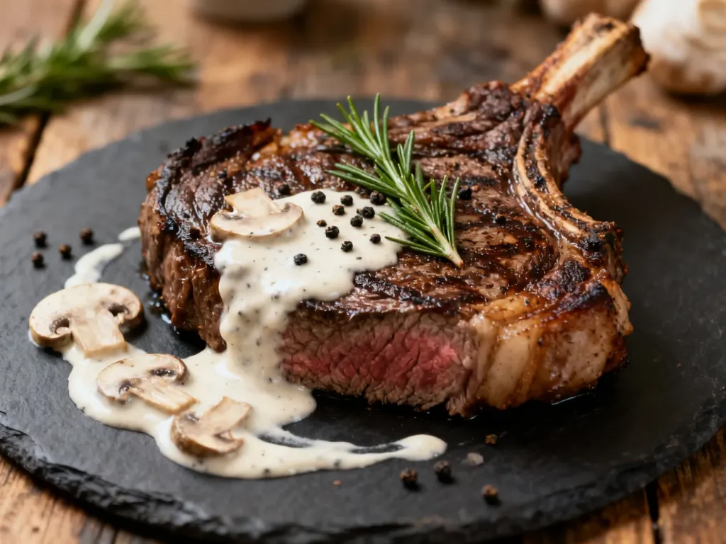 Soczysty stek ribeye z sosem śmietanowo-grzybowym, podany na kamiennym talerzu z gałązką świeżego rozmarynu.