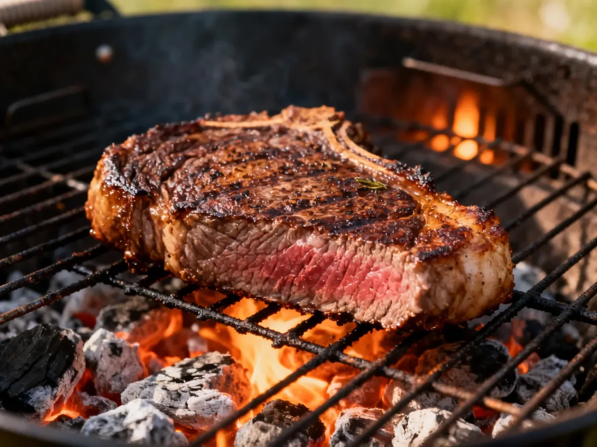Gruby stek podczas grillowania metodą reverse sear nad rozgrzanym grillem