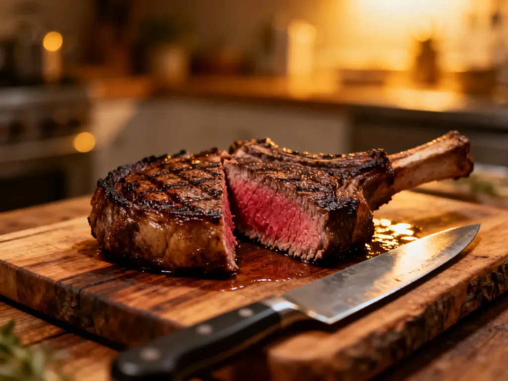 Soczysty stek typu ribeye pokrojony na desce, ukazujący niedosmażony środek wymagający dalszej obróbki termicznej.