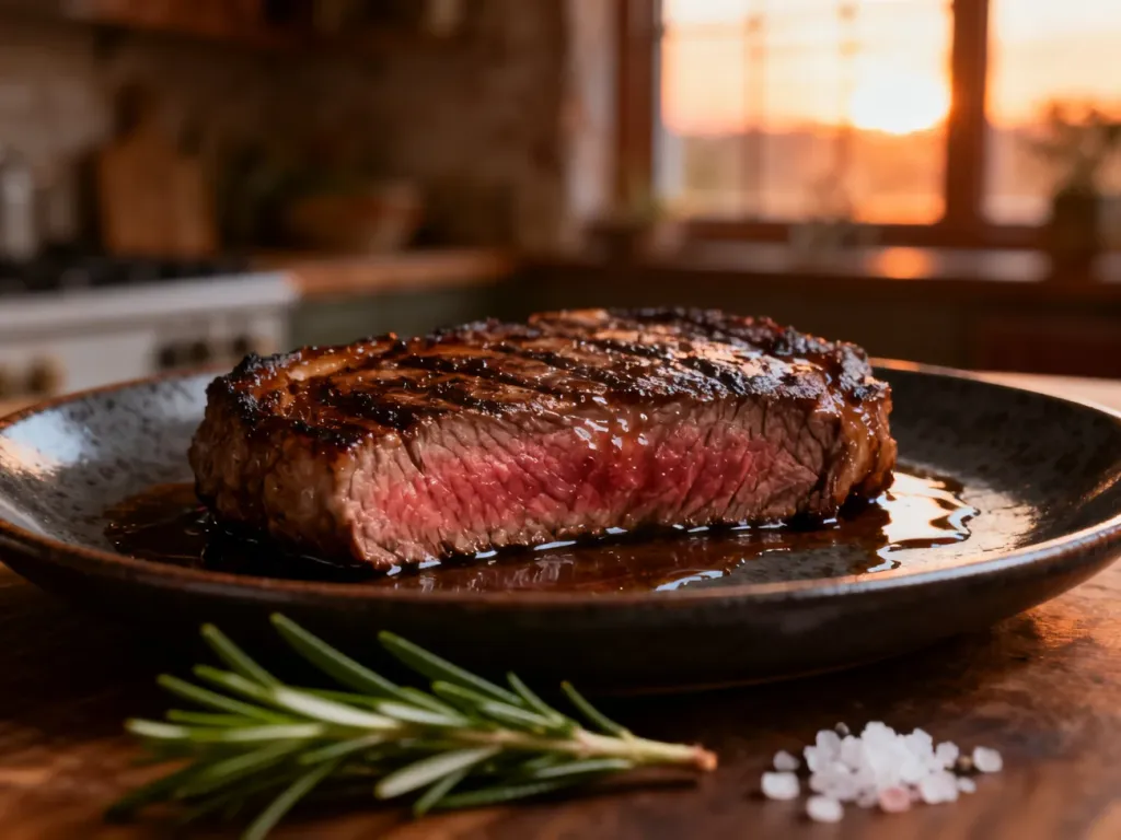 Soczysty stek wołowy medium-rare na ciemnym talerzu z rozmarynem i solą morską w przytulnej, kuchennej scenerii.