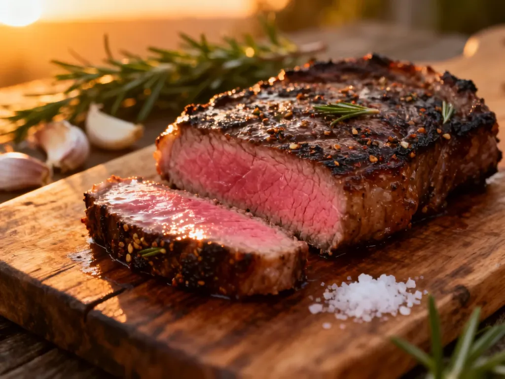 Soczysty stek medium-rare na drewnianej desce z ziołami i przyprawami, ukazujący idealny stopień wysmażenia mięsa.