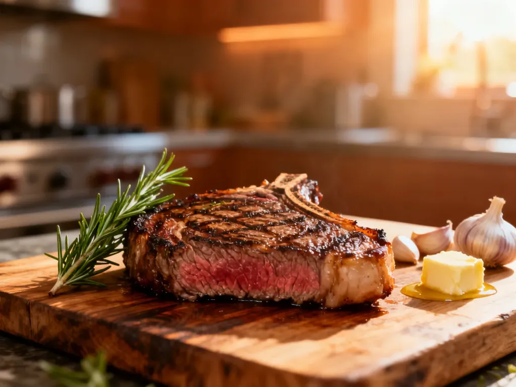 Soczysty stek ribeye na drewnianej desce z rozmarynem, czosnkiem i masłem, gotowy do podania.