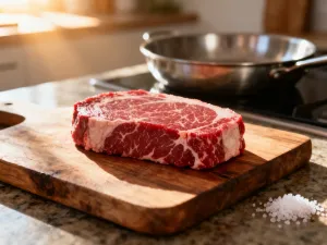 Soczysty stek ribeye w stopniu medium-rare na drewnianej desce, otoczony świeżym rozmarynem i czosnkiem.