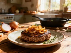 Surowy stek wołowy z przyprawami przygotowany do położenia na rozżarzonym grillu węglowym.