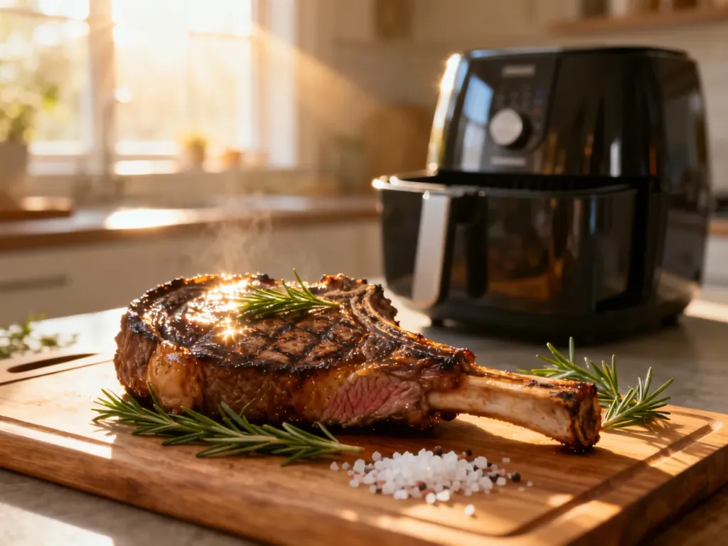 Soczysty stek ribeye z rozmarynem i solą morską na drewnianej desce, obok nowoczesny air fryer.