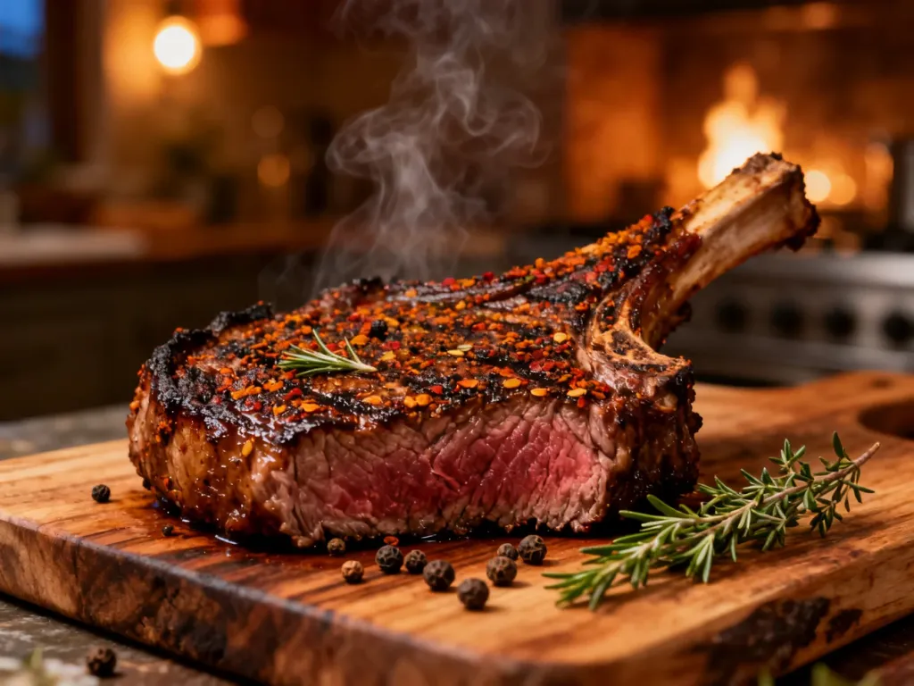Soczysty stek ribeye z przyprawami jerk na drewnianej desce, otoczony świeżym tymiankiem i zielem angielskim.