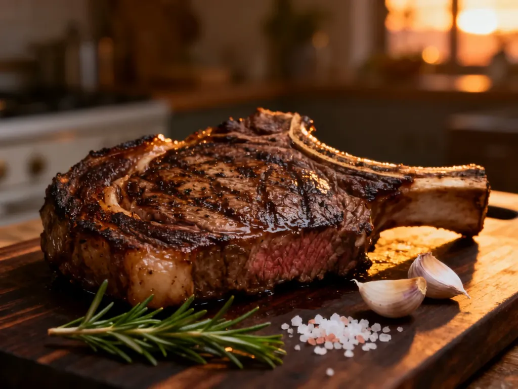 Soczysty stek ribeye na drewnianej desce z rozmarynem, czosnkiem i solą morską w ciepłym, kuchennym oświetleniu.