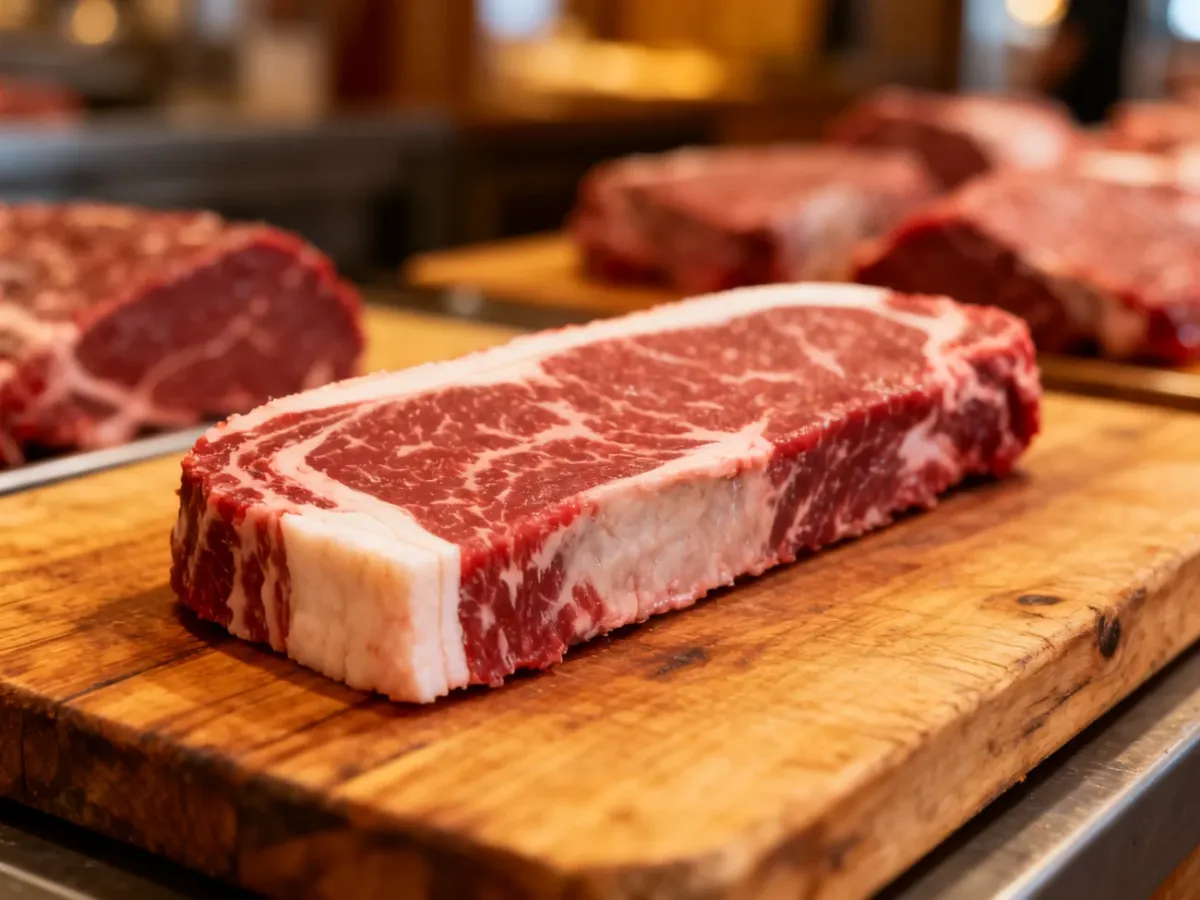 Surowy stek striploin z charakterystycznym paskiem tłuszczu