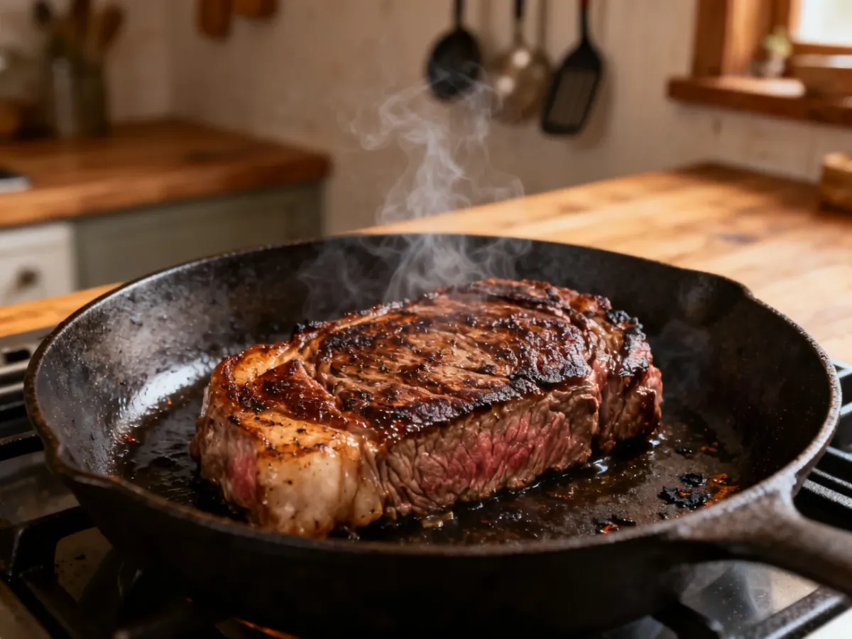 Stek sous vide szybko obsmażany na bardzo gorącej żeliwnej patelni