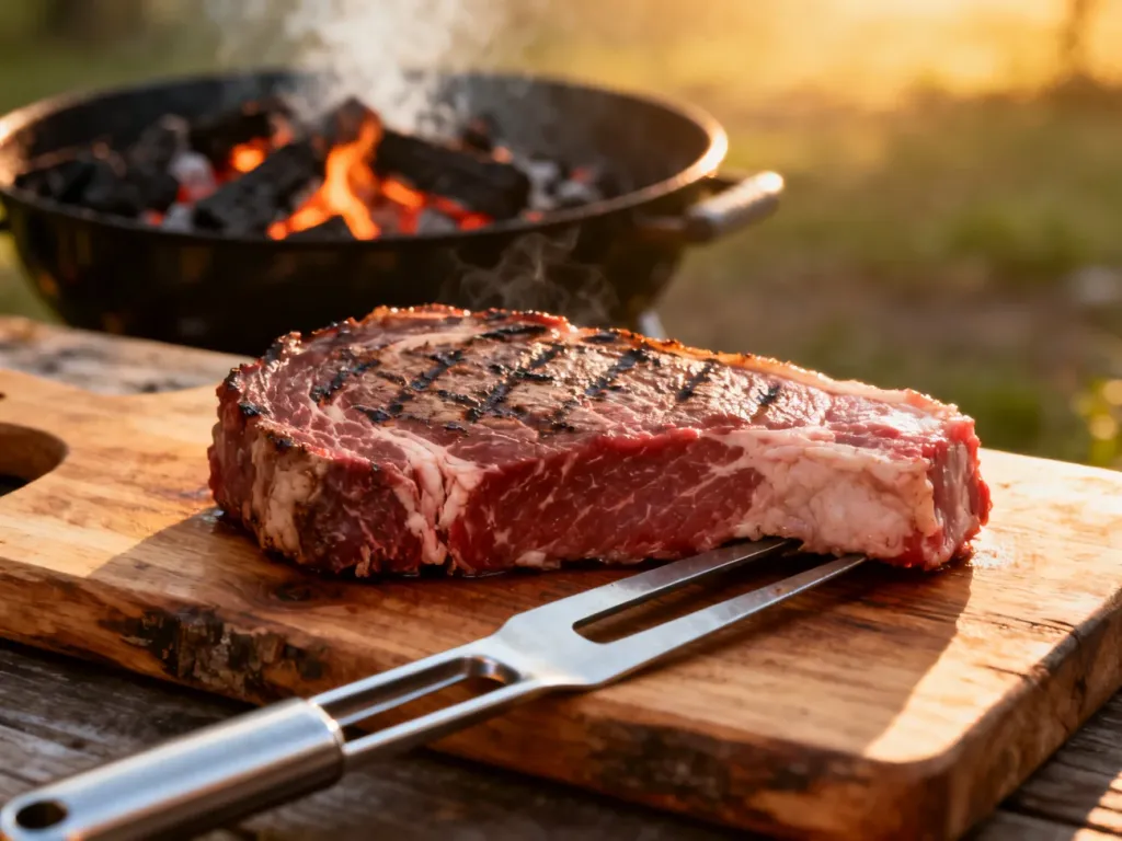 Surowy stek wołowy na desce do krojenia obok szczypiec, przygotowany do grillowania na tle rozżarzonego węgla.