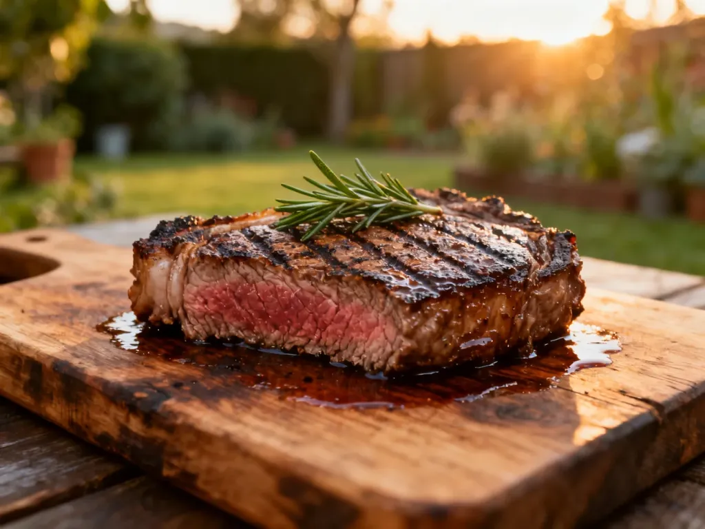 Soczysty stek ribeye z wyraźnymi śladami grillowania i gałązką rozmarynu na drewnianej desce w promieniach zachodzącego słońca.