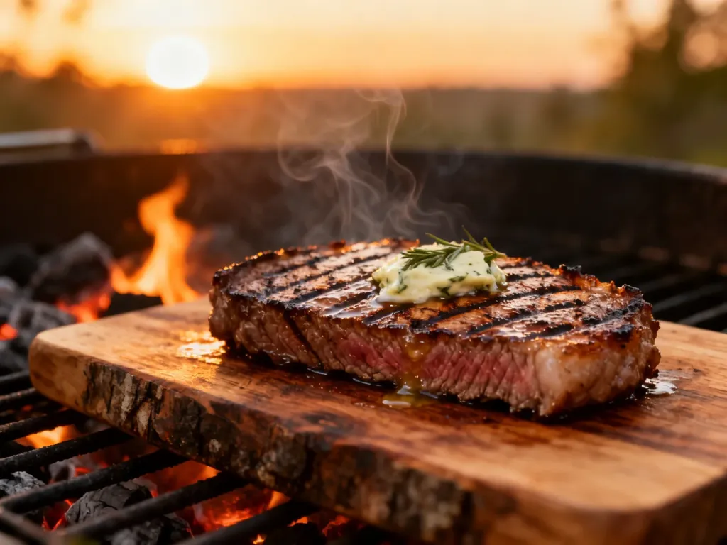 Soczysty, cienki stek z wyraźnymi śladami grillowania i ziołowym masłem na rustykalnej desce, w tle rozżarzony grill.