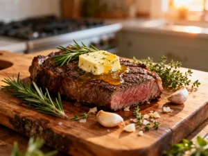Soczysty stek z wyraźnymi śladami grillowania na żeliwnej patelni, otoczony świeżym rozmarynem i solą.