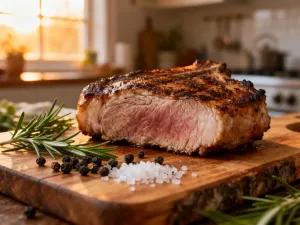 Surowy stek ribeye z przyprawami na drewnianej desce, przygotowany do smażenia na żeliwnej patelni.