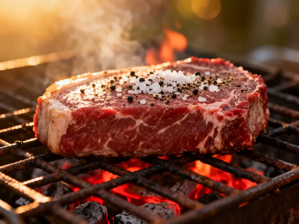 Surowy stek wołowy z przyprawami przygotowany do położenia na rozżarzonym grillu węglowym.