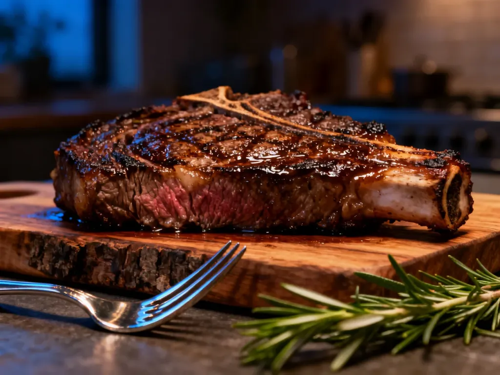 Soczysty stek ribeye z chrupiącą skórką, podany na drewnianej desce z gałązką rozmarynu.