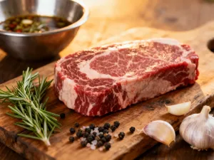 Soczysty stek ribeye z wyraźnymi śladami grillowania, podany na drewnianej desce z rozmarynem i solą morską.