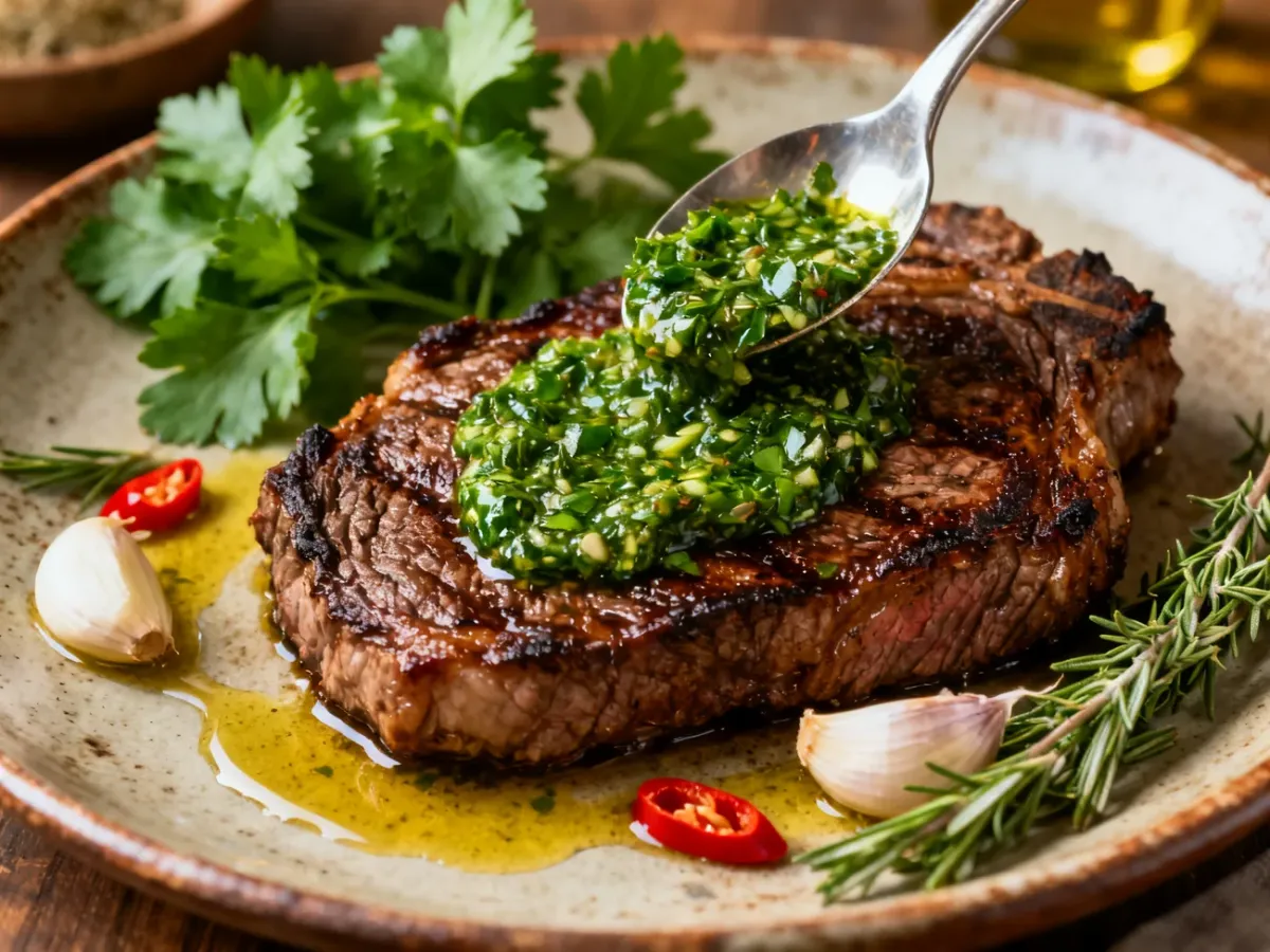 Soczysty stek wołowy z zielonym sosem chimichurri i świeżymi składnikami