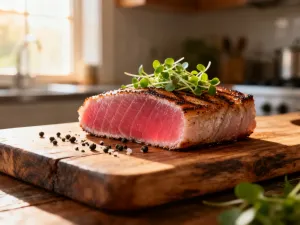Soczysty stek ribeye z wyraźnymi śladami grillowania spoczywający na drewnianej desce w blasku zachodzącego słońca.