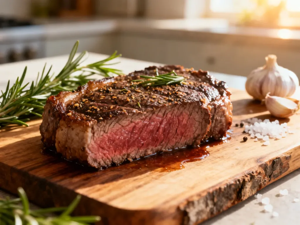 Soczysty stek wołowy medium-rare na drewnianej desce, otoczony świeżym rozmarynem i czosnkiem w promieniach porannego słońca.