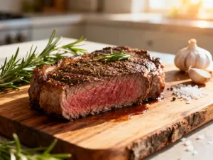 Soczysty stek ribeye smażący się na patelni żeliwnej z masłem, czosnkiem i rozmarynem.