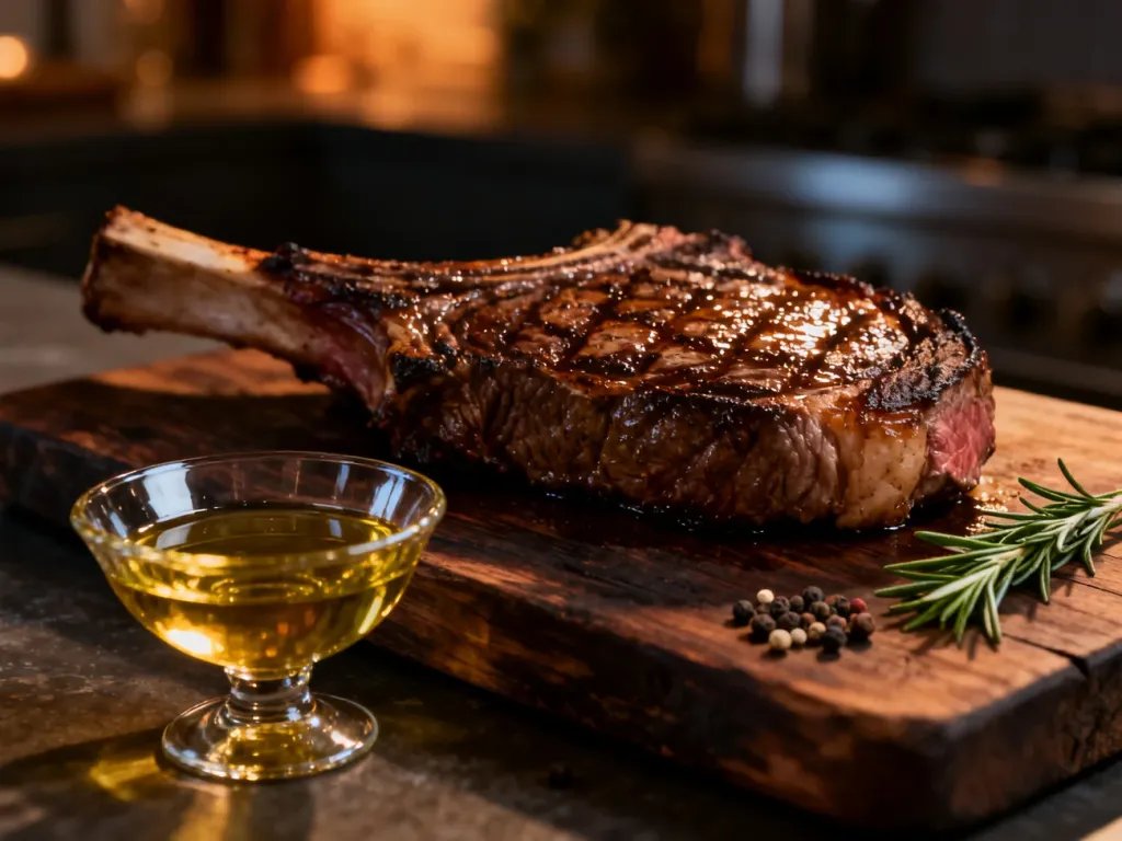 Soczysty stek ribeye na drewnianej desce obok miseczki z oliwą z oliwek, rozmarynem i pieprzem.