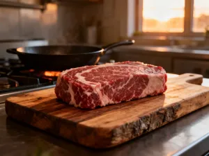Soczysty stek ribeye z sosem śmietanowo-grzybowym, podany na kamiennym talerzu z gałązką świeżego rozmarynu.
