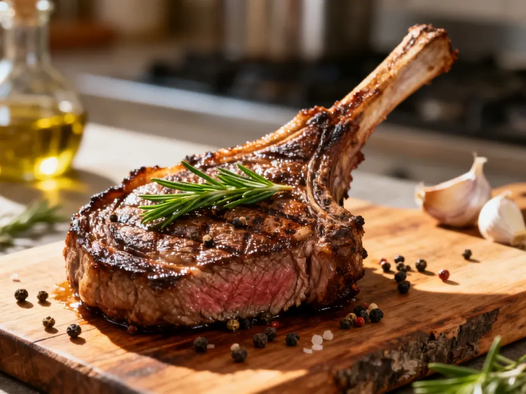 Soczysty stek ribeye na drewnianej desce, udekorowany świeżym rozmarynem i pieprzem, gotowy do podania.