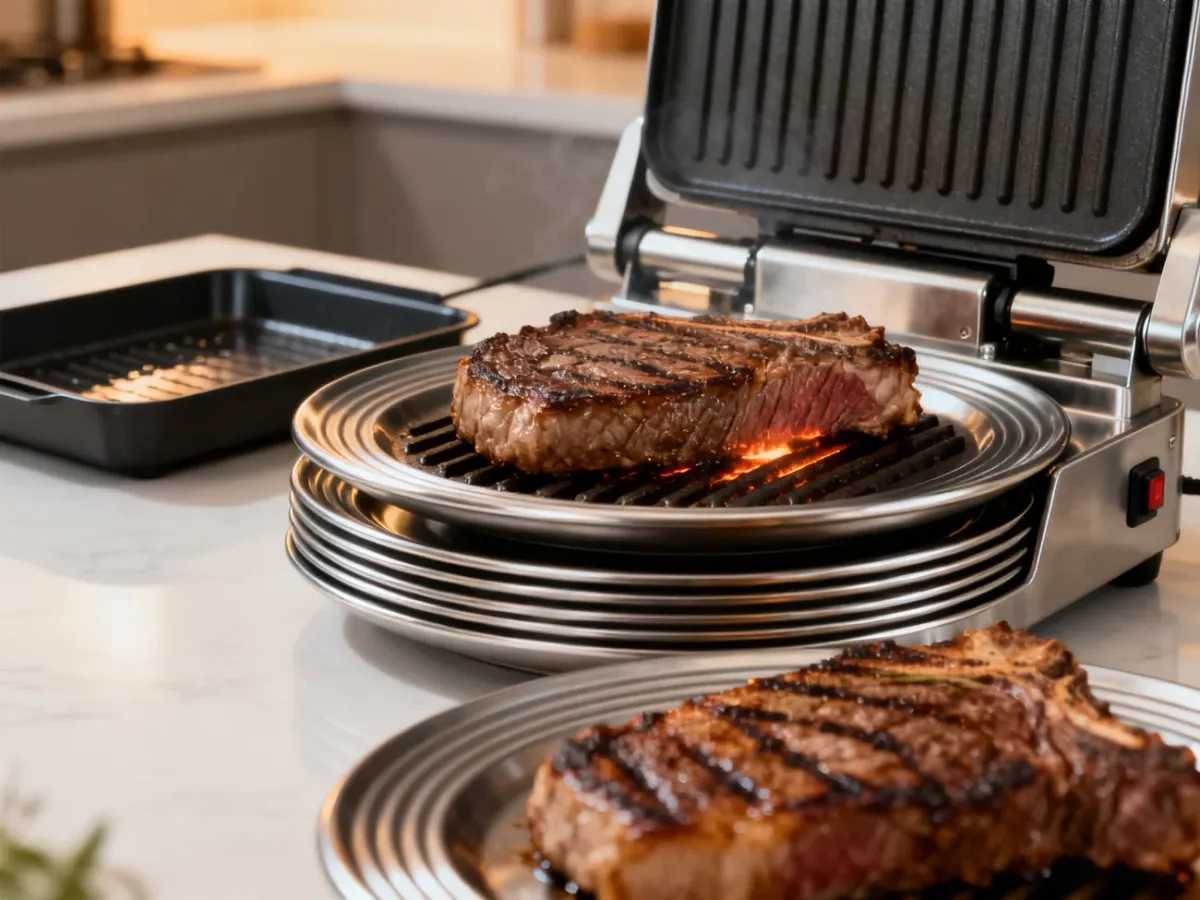 Grill kontaktowy z grubym stekiem rumieniącym się na żebrowanych płytach