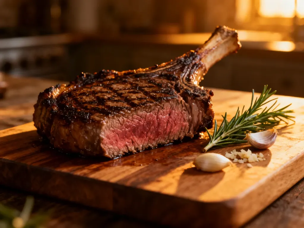 Soczysty stek ribeye medium-rare na drewnianej desce z rozmarynem i czosnkiem, gotowy do podania.