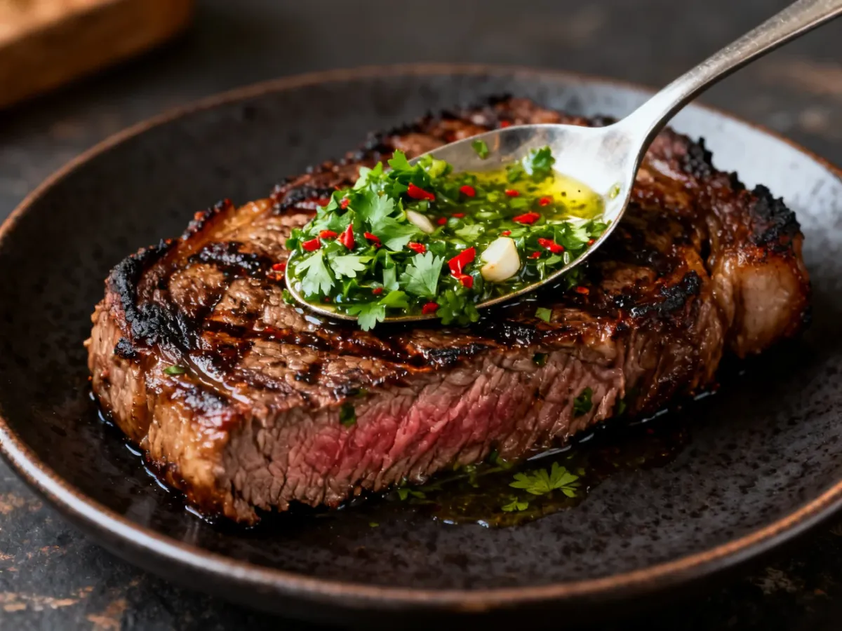 Grillowany stek podany z zielonym sosem chimichurri