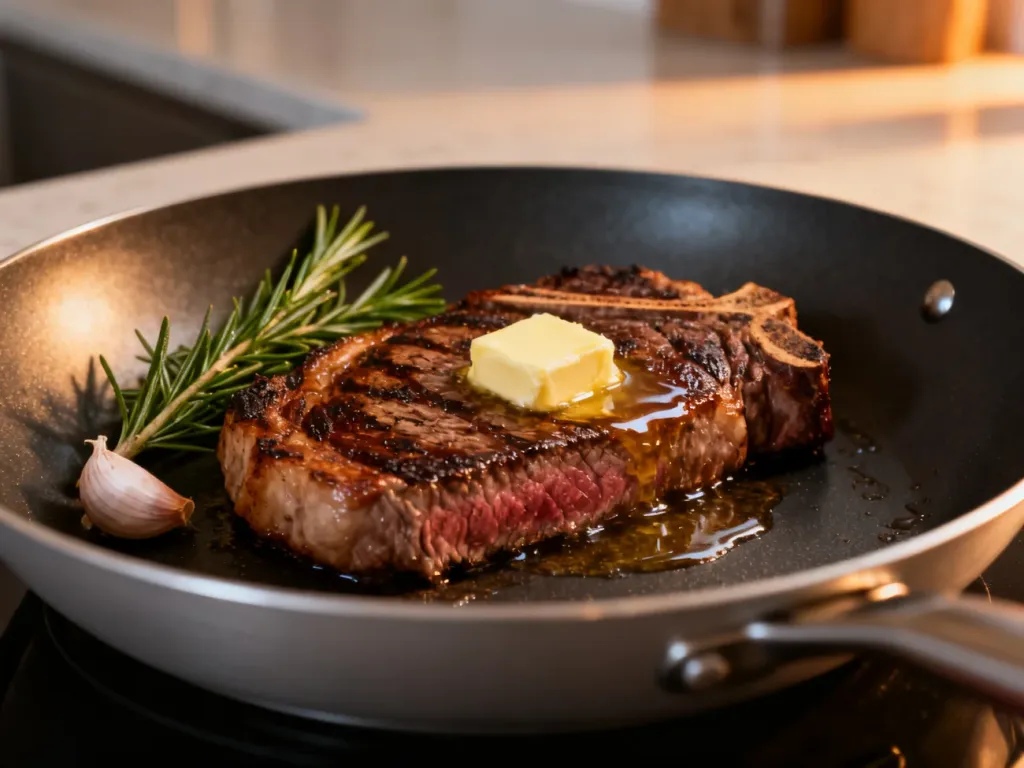 Soczysty stek ribeye smażony na patelni z masłem, czosnkiem i rozmarynem, gotowy do podania.