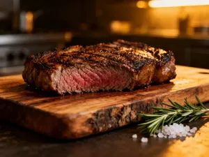 Soczysty stek wieprzowy z grilla z rozmarynem na drewnianej desce, w tle rozżarzony grill w świetle zachodzącego słońca.