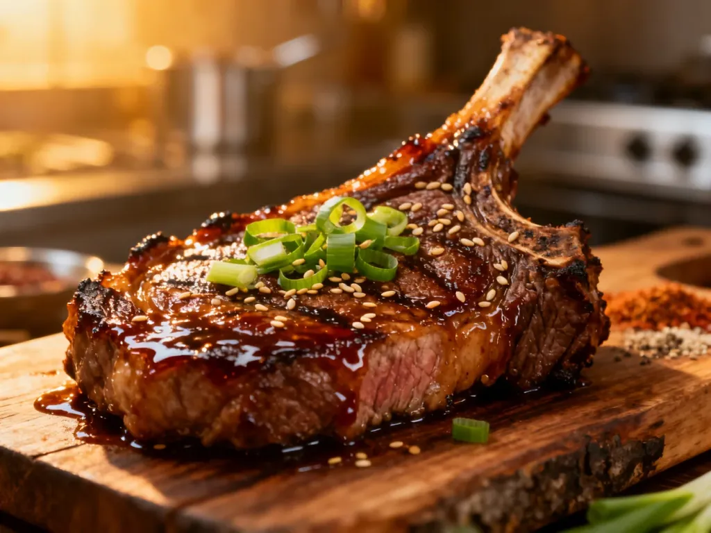 Soczysty stek ribeye w koreańskiej marynacie sojowo-imbirowej, posypany szczypiorkiem i ziarnami sezamu na drewnianej desce.