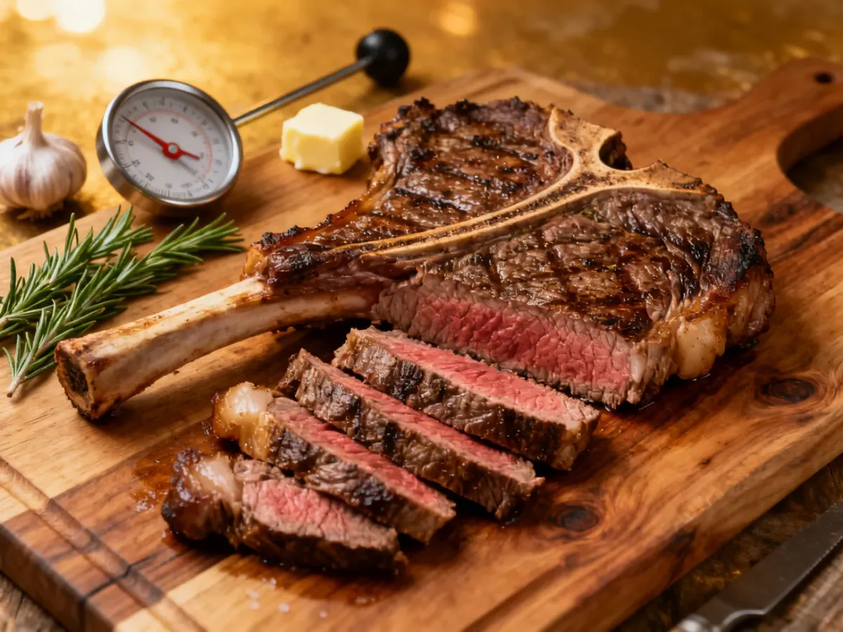 Odpoczywający stek T-bone z widoczną kością, termometrem, czosnkiem i rozmarynem