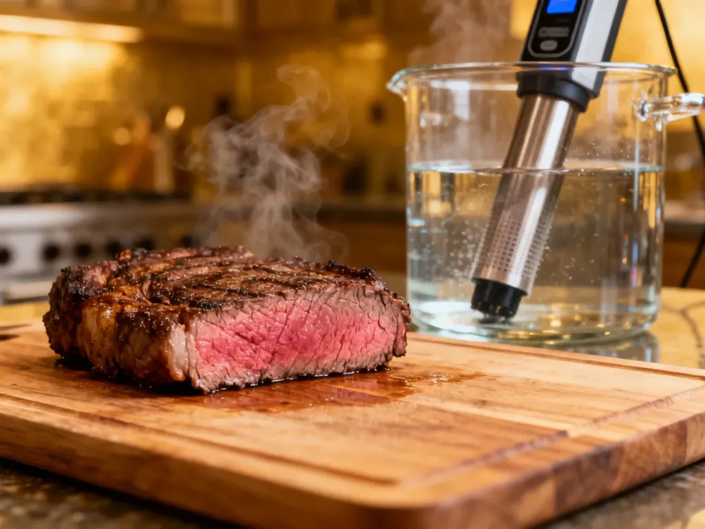 Soczysty stek medium-rare na desce oraz urządzenie sous vide w tle, ilustrujące proces przygotowania mięsa.