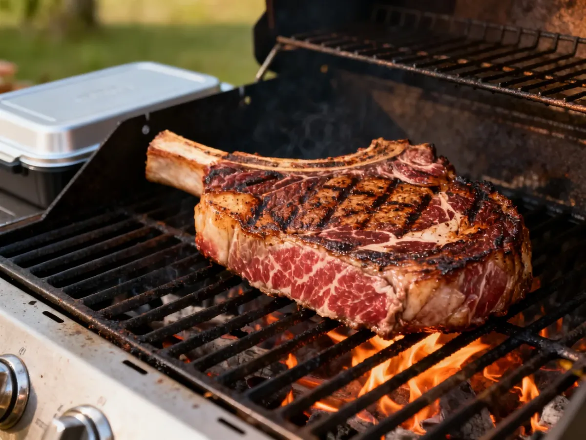 Gruby, marmurkowaty stek z antrykotu grillowany metodą dwustrefową