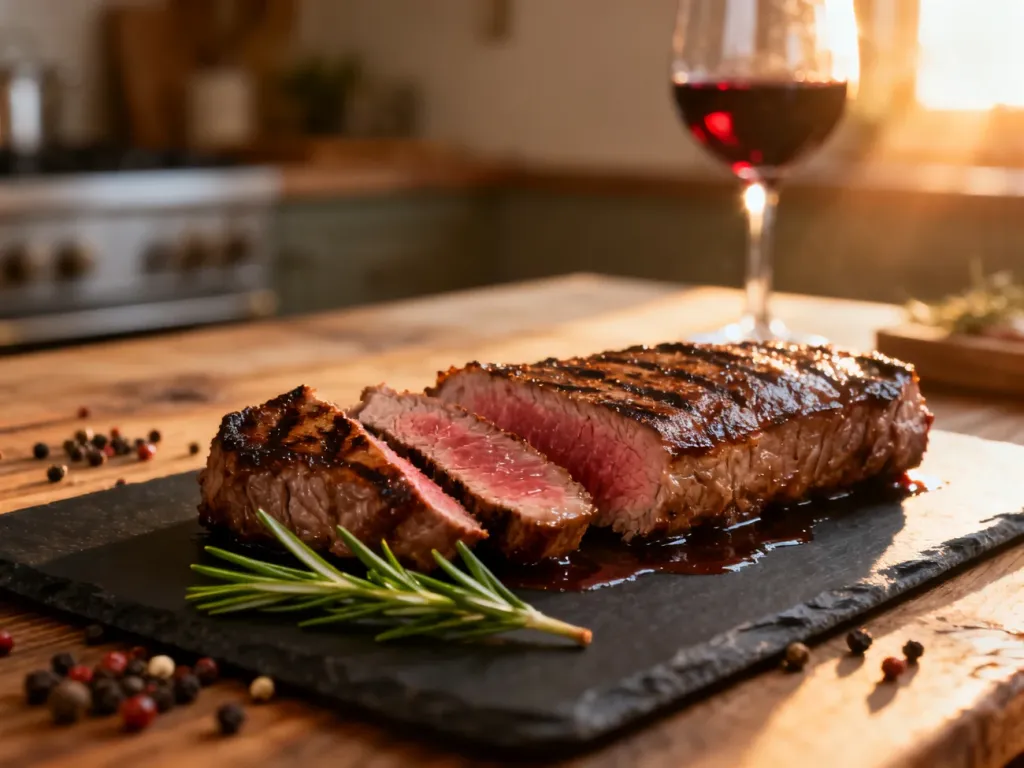 Soczysty stek z polędwicy cielęcej medium-rare podany na kamiennym talerzu z gałązką rozmarynu i kieliszkiem wina.