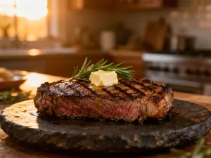 Soczysty stek wołowy medium-rare na drewnianej desce, otoczony świeżym rozmarynem i czosnkiem w promieniach porannego słońca.