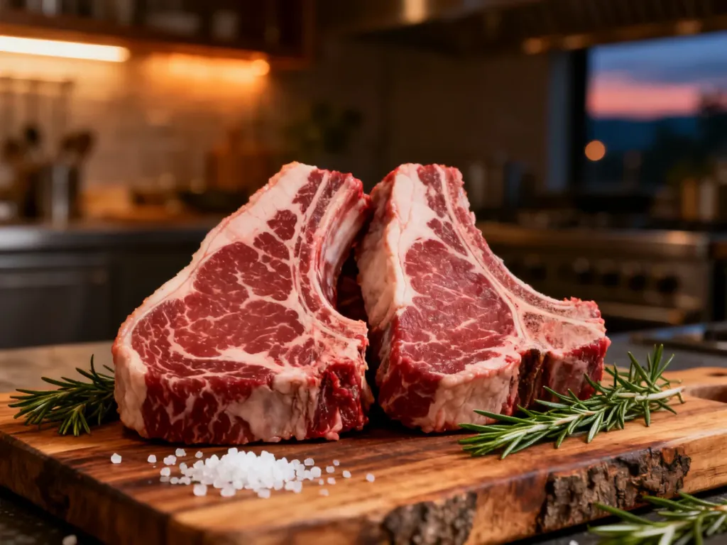 Surowe steki T-bone i Porterhouse na drewnianej desce, otoczone świeżym rozmarynem i solą morską.