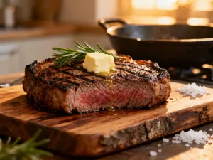 Soczysty stek ribeye o idealnym stopniu wysmażenia medium-rare, spoczywający na drewnianej desce do krojenia.