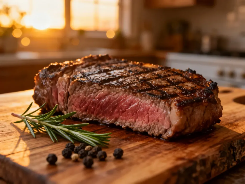 Soczysty stek wołowy medium-rare na drewnianej desce z rozmarynem i pieprzem w przytulnej kuchni.