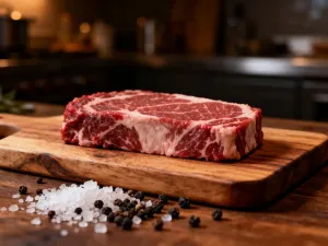 Soczysty stek ribeye z ziołami i czosnkiem w ceramicznym naczyniu, przygotowany do pieczenia w piekarniku.