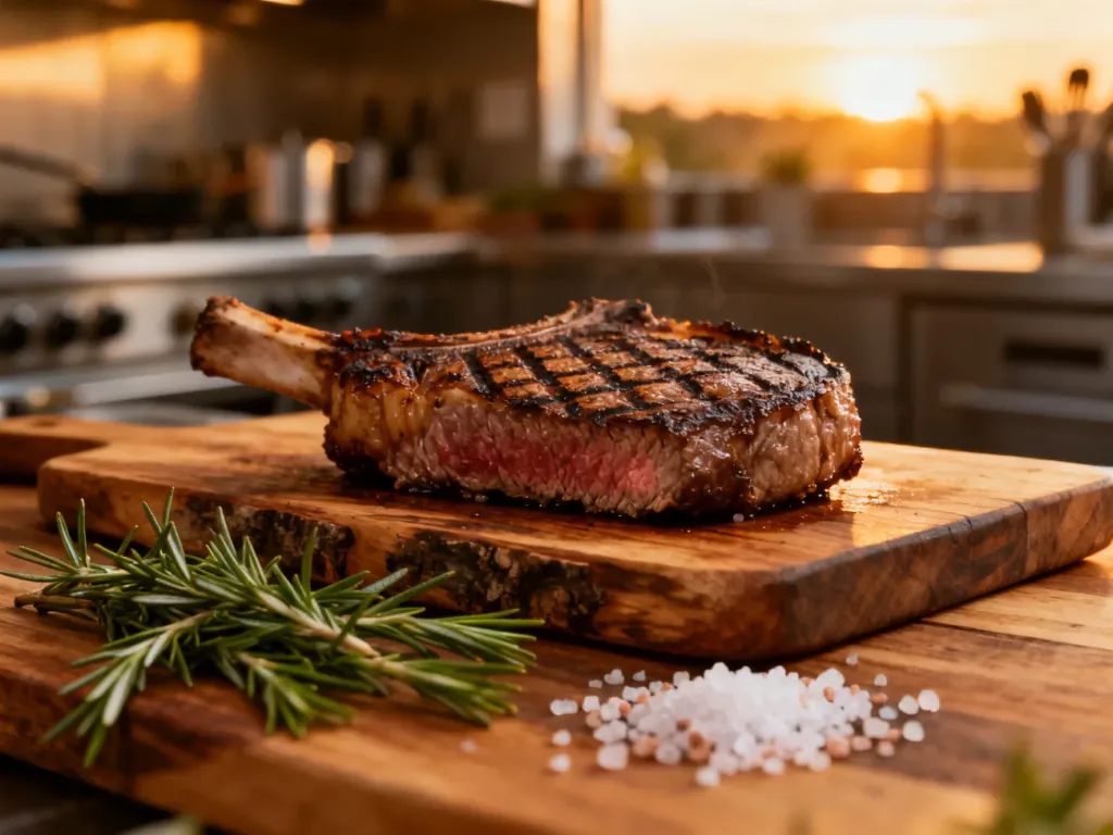 Soczysty stek ribeye z wyraźnymi śladami grillowania, rozmarynem i solą na drewnianej desce.