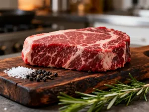 Soczysty stek ribeye na drewnianej desce, udekorowany świeżym rozmarynem i pieprzem, gotowy do podania.